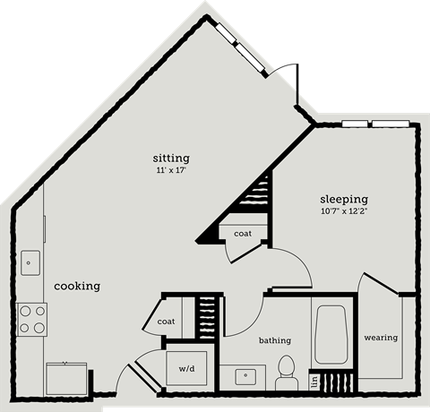 Floor plan for 1 bed, 1 bath, 687 sqft